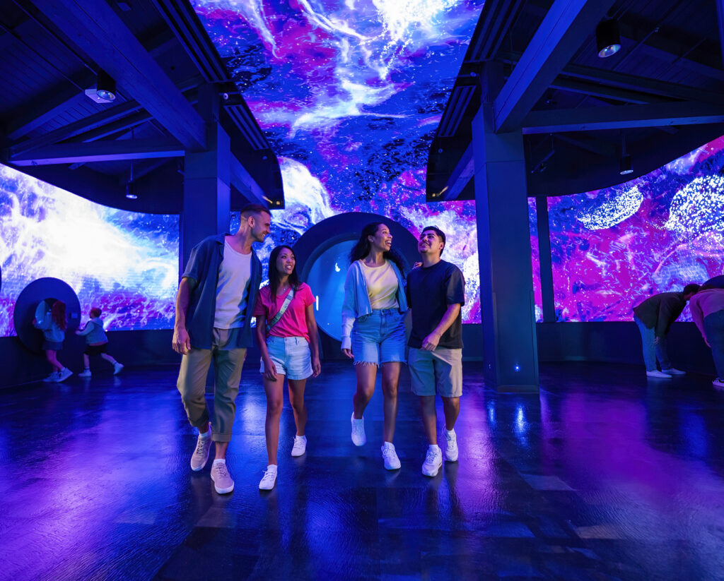 family looking and walking through the Jellyfish exhibit clear glass tank at SeaWorld San Diego.