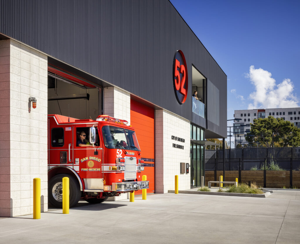 Fire station 52 in San Diego with a fire truck pulling out of garage