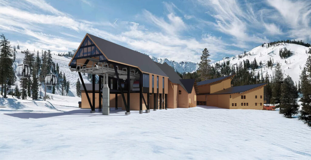 Rendering of the Sugar Bowl mountain ski terminal with gondola access, featuring a modern alpine structure surrounded by snow-covered terrain and pine trees in a winter mountain setting.