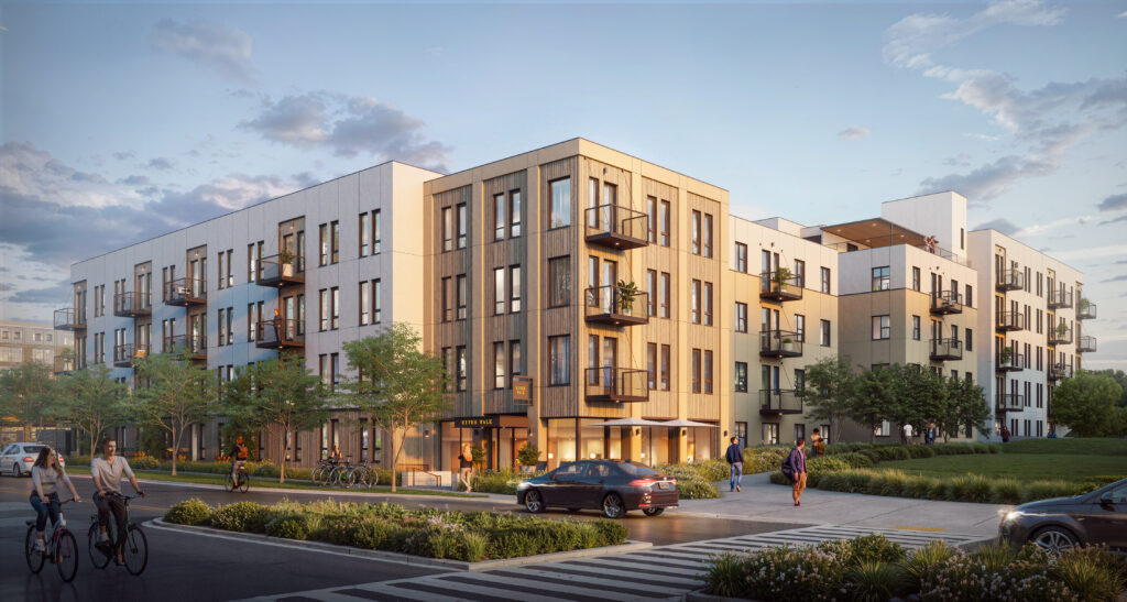 Exterior rendering of a modern four-story mixed-use apartment building with balconies, landscaped sidewalks, and people walking and biking