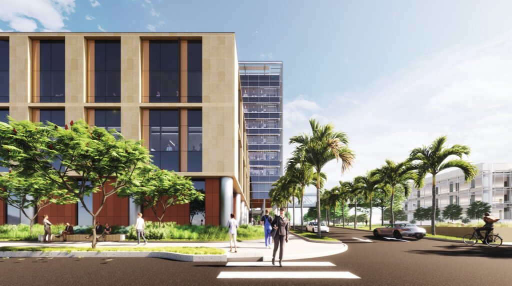 Rendering of a new MOB Building from street view with a cross walk