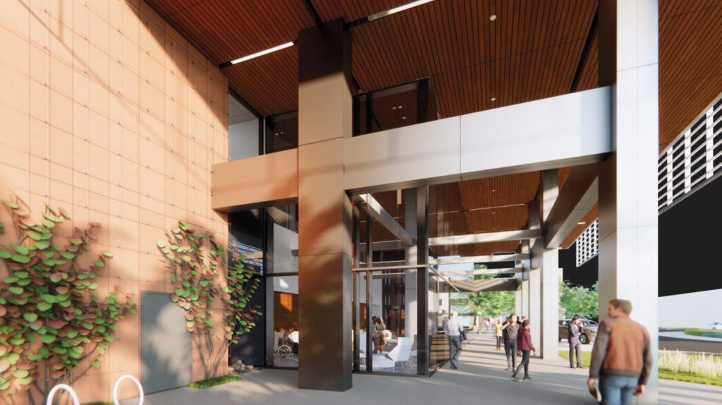 Rendering of a modern building entrance, with steel beams