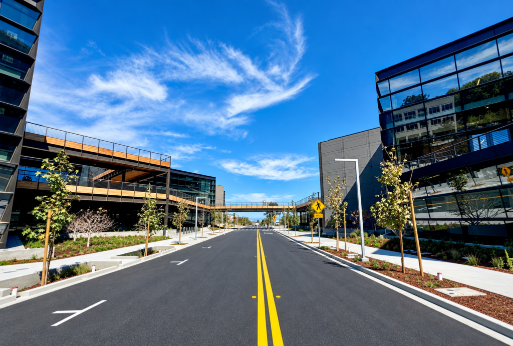 A meticulously planned urban streetscape, integrating ADA-compliant sidewalks, pedestrian crossings, and bike lanes for enhanced accessibility and safety. The use of permeable pavement materials and green infrastructure elements reflects sustainable design practices. The steel and glass facades of the adjacent buildings exhibit modern architectural trends, while the structural elements like the pedestrian bridge demonstrate advanced engineering solutions.